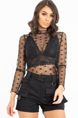 Black Star Mesh High Neck Long Sleeve Top - Shine-Tops