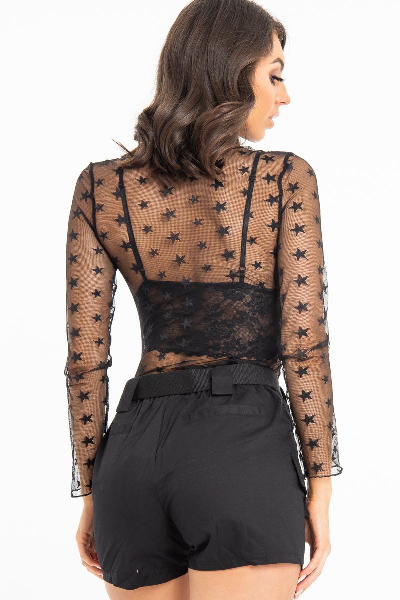 Black Star Mesh High Neck Long Sleeve Top - Shine-Tops