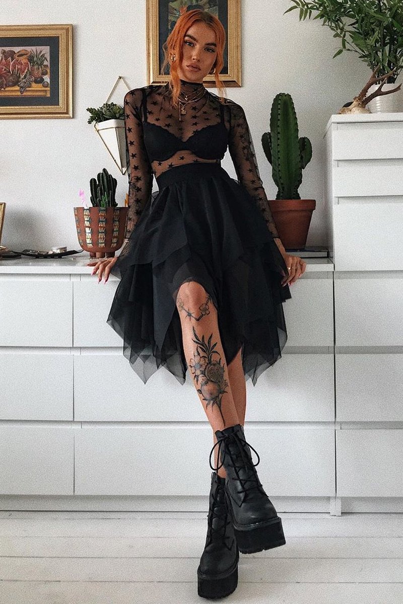 Black Star Mesh High Neck Long Sleeve Top - Shine-Tops