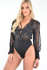 Black Star Print Plunge Shirred Open Sleeve Bodysuit - Dulcemaria-Bodysuits