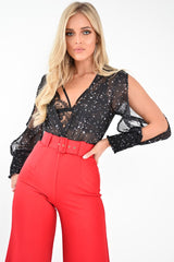 Black Star Print Plunge Shirred Open Sleeve Bodysuit - Dulcemaria-Bodysuits