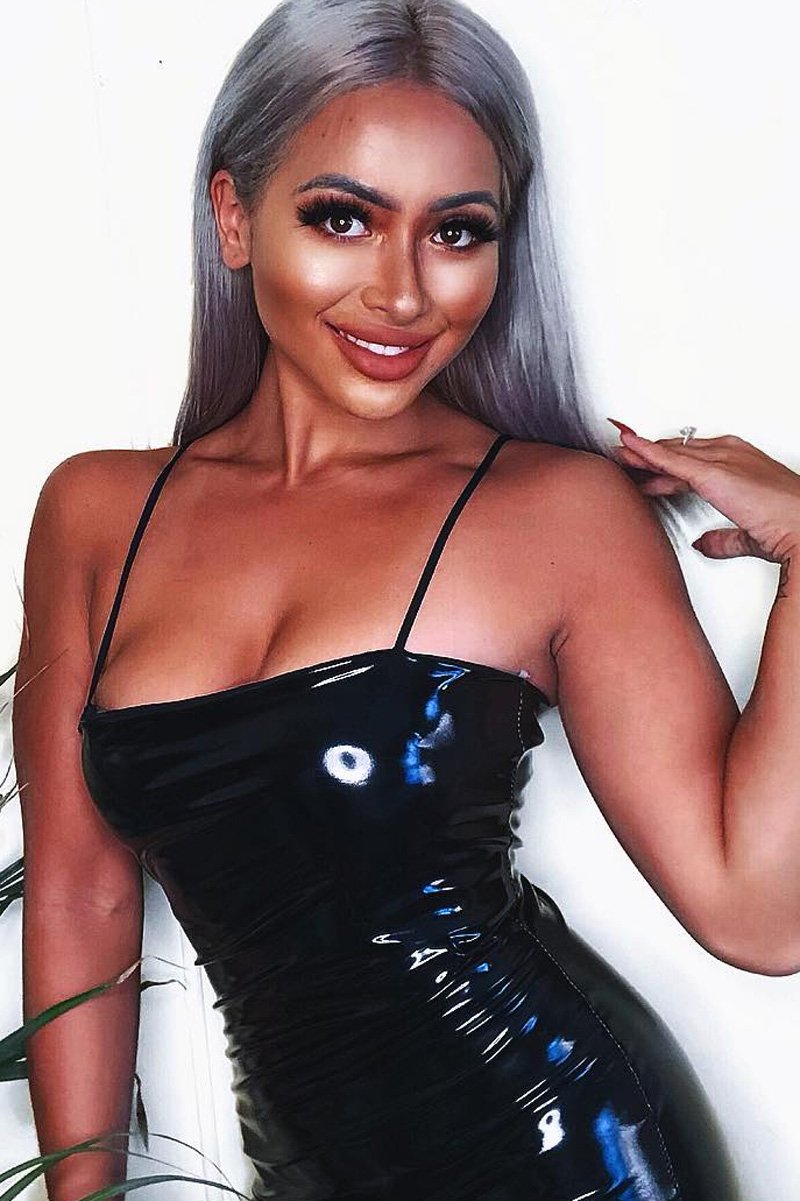 Black Straight Neck Vinyl Bodycon Dress - Keydi-Dresses