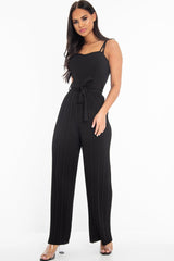 Black Strapless Belted Pleated Wide Leg Jumpsuit - Jasmine-Jumpsuits