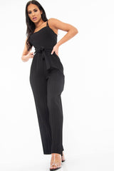 Black Strapless Belted Pleated Wide Leg Jumpsuit - Jasmine-Jumpsuits