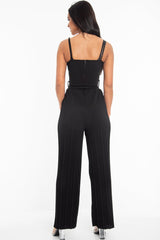 Black Strapless Belted Pleated Wide Leg Jumpsuit - Jasmine-Jumpsuits