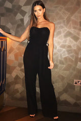 Black Strapless Belted Pleated Wide Leg Jumpsuit - Jasmine-Jumpsuits
