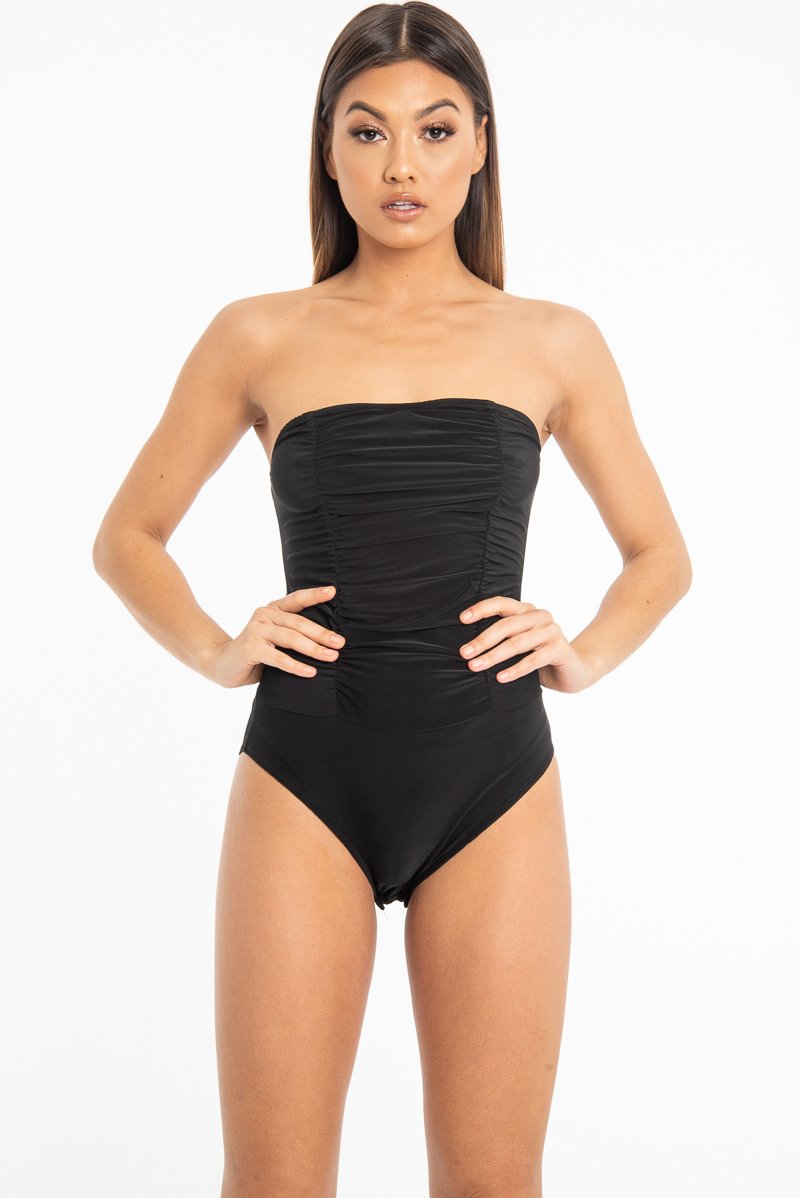 Black Strapless Ruched Side Bodysuit - Jaci-Bodysuits