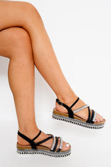 Black Strapped Embellished Flatforms - Gentri-Sandals