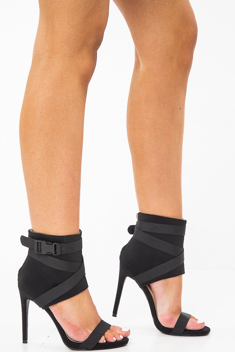 Black Strappy Buckle Detail Barely There Stiletto Heels - Maeven-Heels
