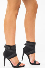 Black Strappy Buckle Detail Barely There Stiletto Heels - Maeven-Heels