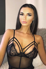 Black Strappy Floral Lace Mesh Bodysuit - Daniella-Bodysuits