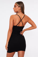 Black Strappy Front Cut Out Ribbed Mini Dress - Riata-Dresses