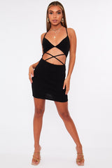 Black Strappy Front Cut Out Ribbed Mini Dress - Riata-Dresses