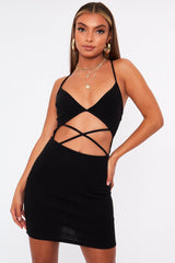 Black Strappy Front Cut Out Ribbed Mini Dress - Riata-Dresses