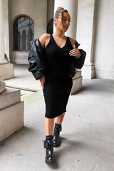 Black Strappy Knit Midi Dress - Graciella-Dresses