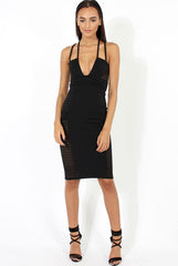 Black Strappy Ribbed Mesh Insert Midi Dress - Isabelle-Dresses