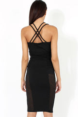 Black Strappy Ribbed Mesh Insert Midi Dress - Isabelle-Dresses