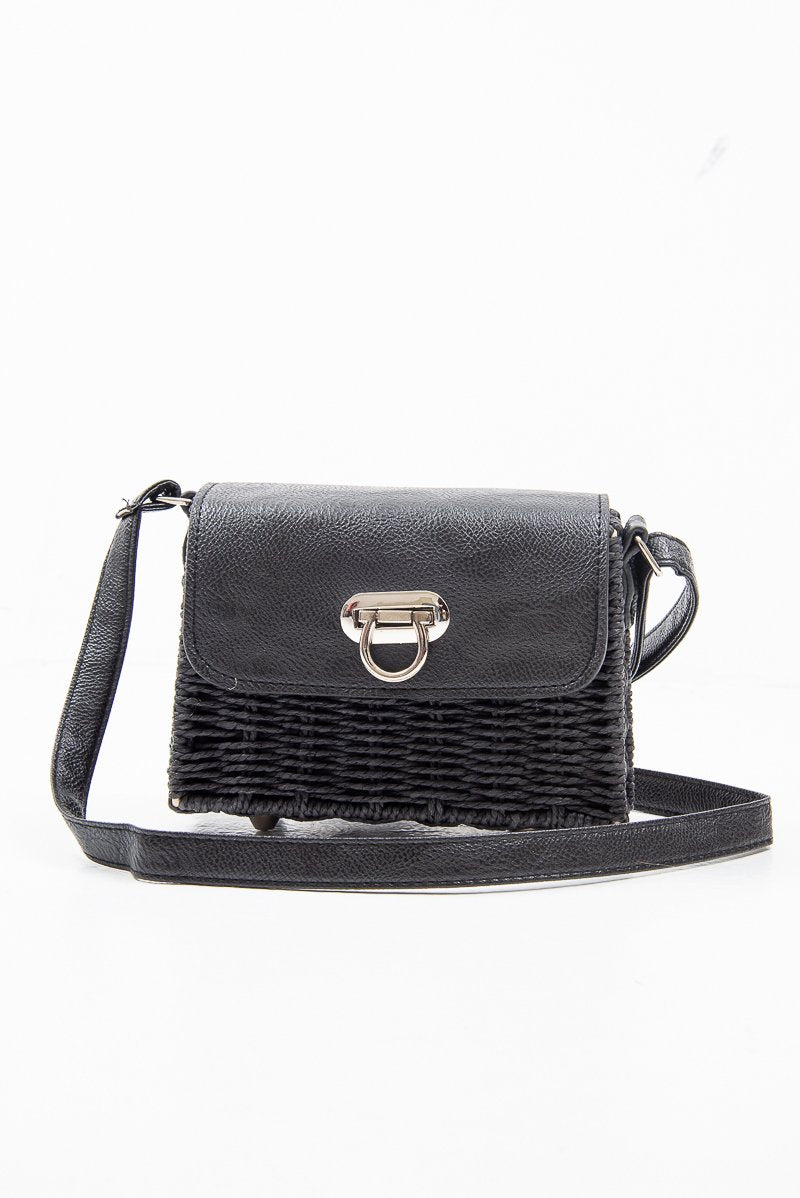 Black Straw Woven Faux Leather Bag - Delphine-Bags
