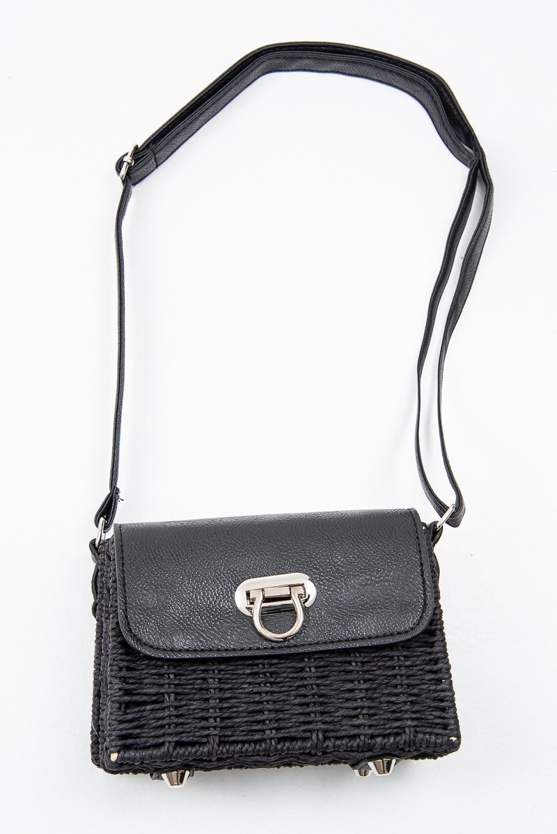 Black Straw Woven Faux Leather Bag - Delphine-Bags