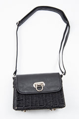 Black Straw Woven Faux Leather Bag - Delphine-Bags