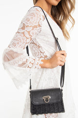 Black Straw Woven Faux Leather Bag - Delphine-Bags