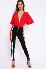 Black Stretch Leggings with Red and White Side Stripe - Myrical-Trousers