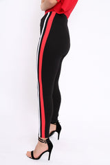 Black Stretch Leggings with Red and White Side Stripe - Myrical-Trousers
