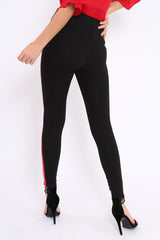 Black Stretch Leggings with Red and White Side Stripe - Myrical-Trousers