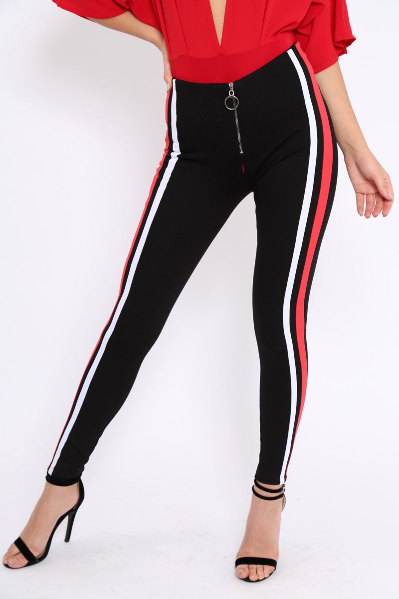 Black Stretch Leggings with Red and White Side Stripe - Myrical-Trousers