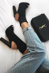 Black Stretch Peep Toe Heeled Boots - Queen-Boots