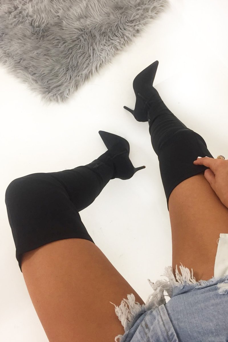 Black Stretch Thigh High Boots - Mialynn-Boots