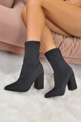 Black Stretchy Block Heeled Boots - Emari-Boots
