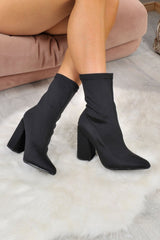 Black Stretchy Block Heeled Boots - Emari-Boots