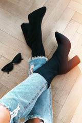 Black Stretchy Block Heeled Boots - Emari-Boots