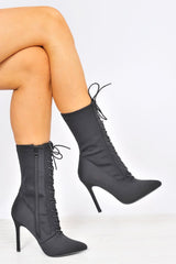 Black Stretchy Lace Up Heeled Ankle Boots - Aayla-Boots