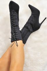 Black Stretchy Lace Up Heeled Ankle Boots - Aayla-Boots