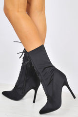 Black Stretchy Lace Up Heeled Ankle Boots - Aayla-Boots