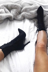 Black Stretchy Lace Up Heeled Ankle Boots - Aayla-Boots