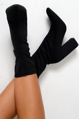 Black Stretchy Pointed Toe Block Heeled Boots - Meah-Boots