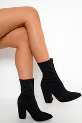 Black Stretchy Pointed Toe Block Heeled Boots - Meah-Boots