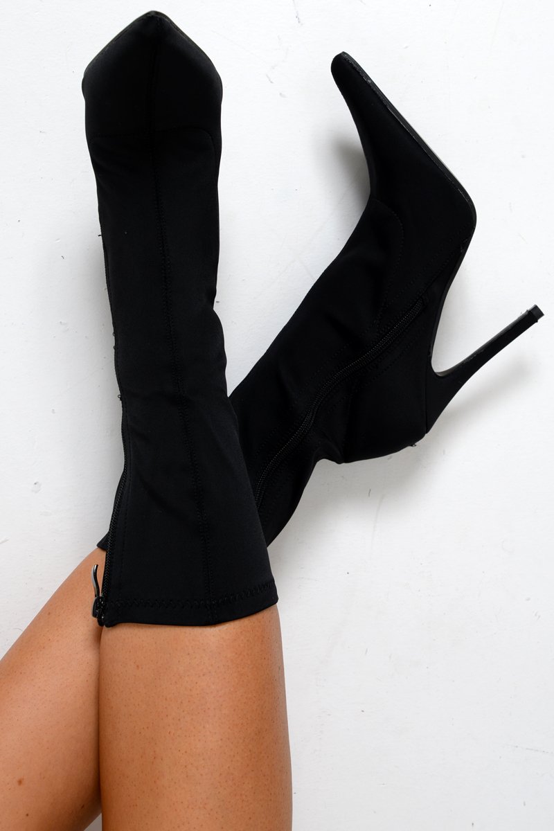 Black Stretchy Pointed Toe Heeled Boots - Melah-Boots