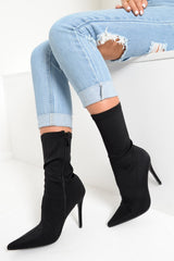 Black Stretchy Pointed Toe Heeled Boots - Melah-Boots