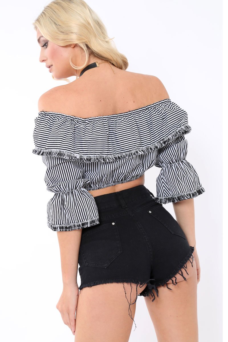 Black Stripe Bardot Crop Top with Frayed hems - Kiera-Tops