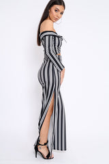 Black Stripe Bardot Ruffle Top and Trouser Set - Inas-Co-ords