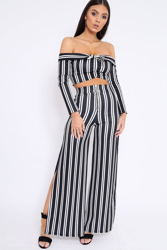 Black Stripe Bardot Ruffle Top and Trouser Set - Inas