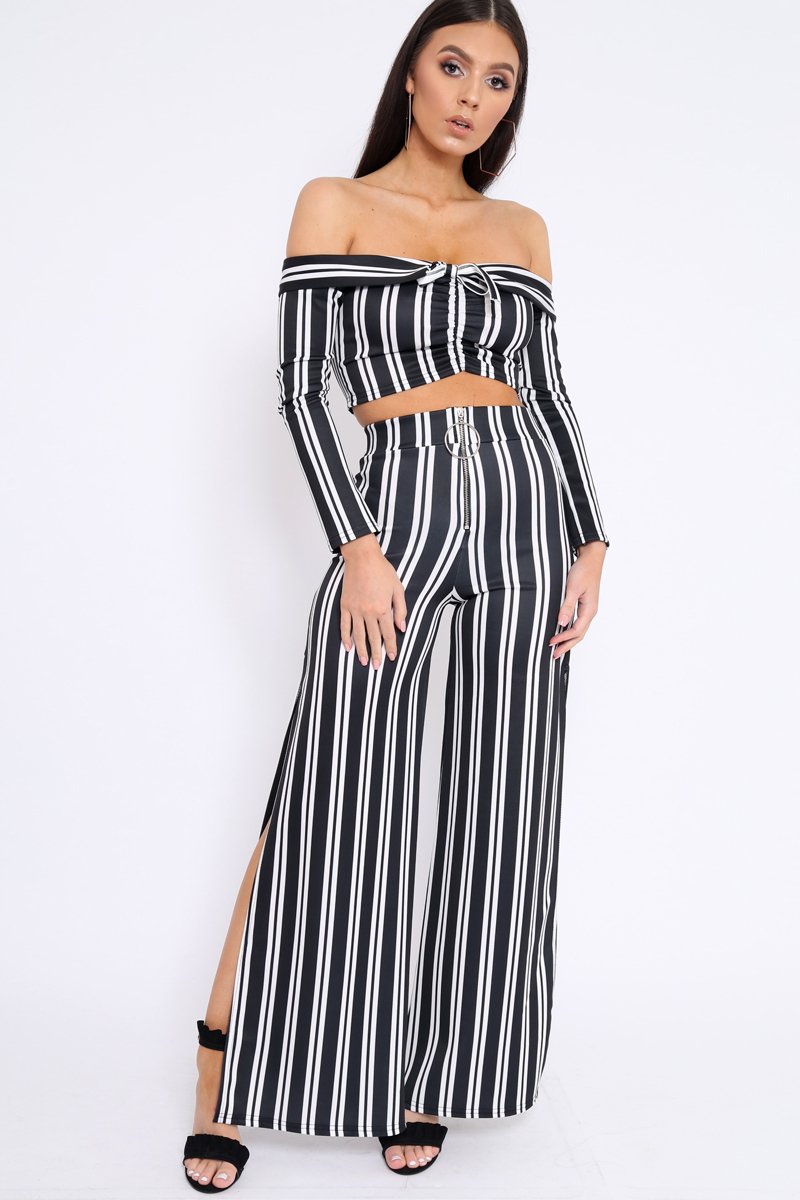 Black Stripe Bardot Ruffle Top and Trouser Set - Inas-Co-ords