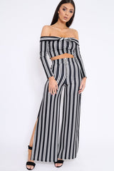 Black Stripe Bardot Ruffle Top and Trouser Set - Inas-Co-ords