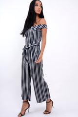 Black Stripe Bardot V Dip Jumpsuit - Lisah-Jumpsuits