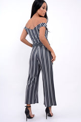 Black Stripe Bardot V Dip Jumpsuit - Lisah-Jumpsuits