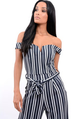 Black Stripe Bardot V Dip Jumpsuit - Lisah-Jumpsuits